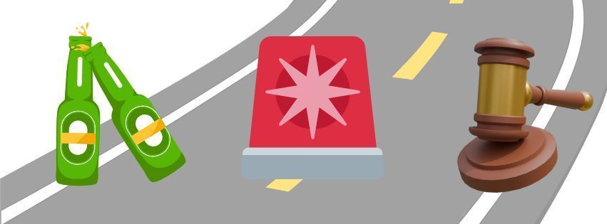 image of road beer bottles, police light, and judge gavel