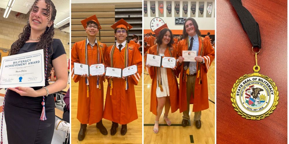 four photos. Student holding certificate, two students in orange graduation gowns holding certificates, two students in orange graduation gowns holding certificates. close up of seal of biliteracy medal