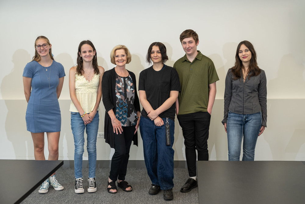 Plainfield Arts Community Theatre (PACT) interns, from left, Plainfield High School-Central Campus senior Abigail Kistinger, Plainfield North High School junior Margaret Maloney, PACT Intern Coordinator Susan Hohlman, Plainfield High School-Central Campus senior Madison Medrano, Plainfield North High School sophomore Zachary Deal and Plainfield High School-Central Campus junior Ana Alexopoulos.  The five students participated in the 2026 Will County Center for Economic Development Summer Internship Program, gaining hands-on experience while supporting PACT’s summer productions and Children’s Theatre Camp.