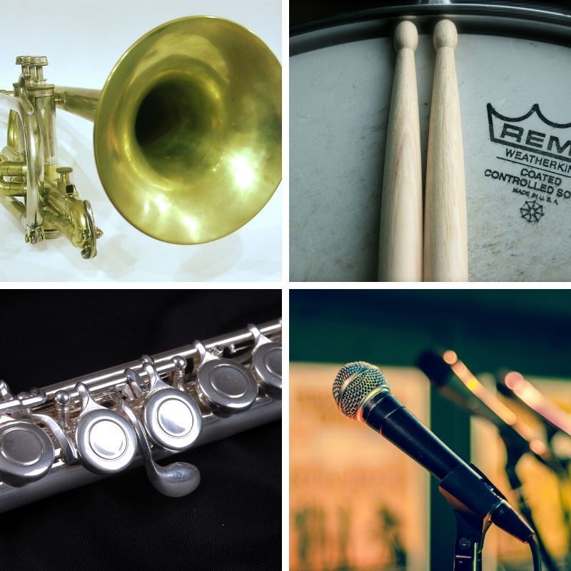 four photos clockwise a trumpet, snare drum and sticks, microphones and close of flute keys