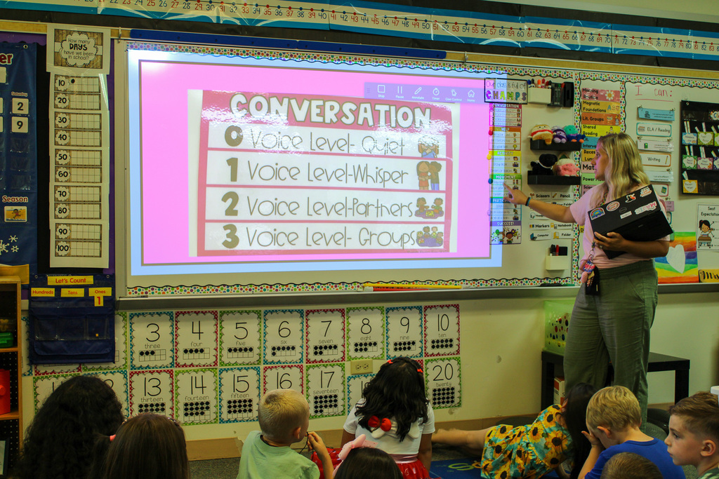 teacher pointing to white board while students listen