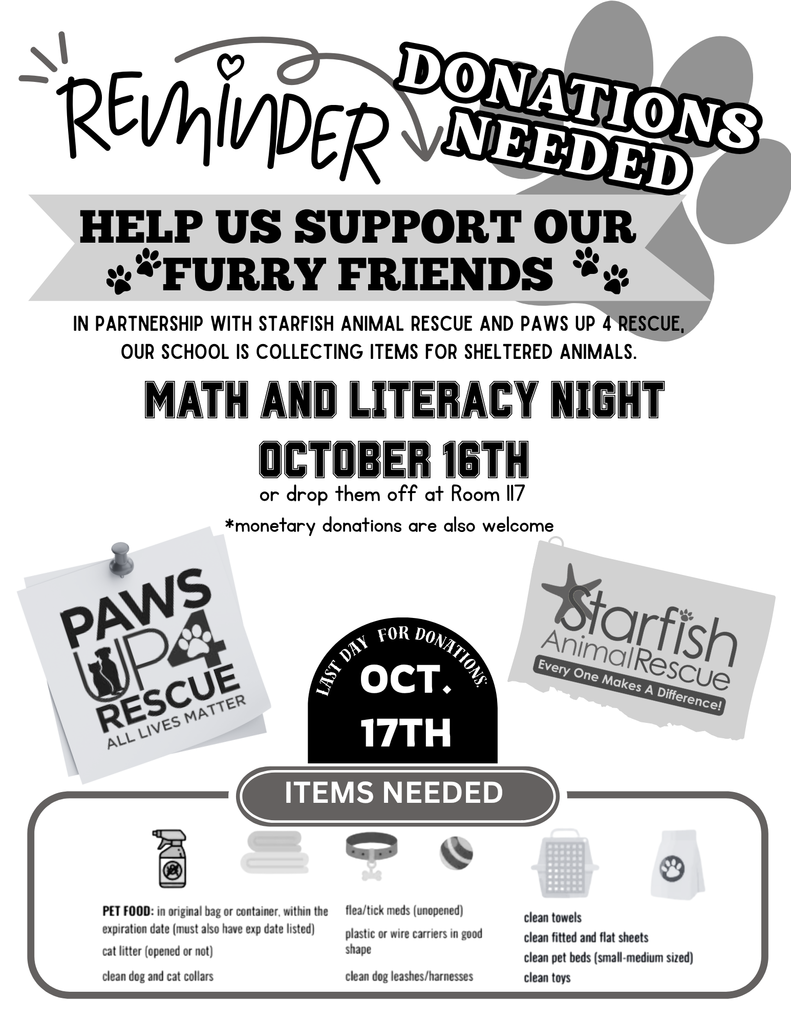 Flyer asking parents to donate items for animal shelter.