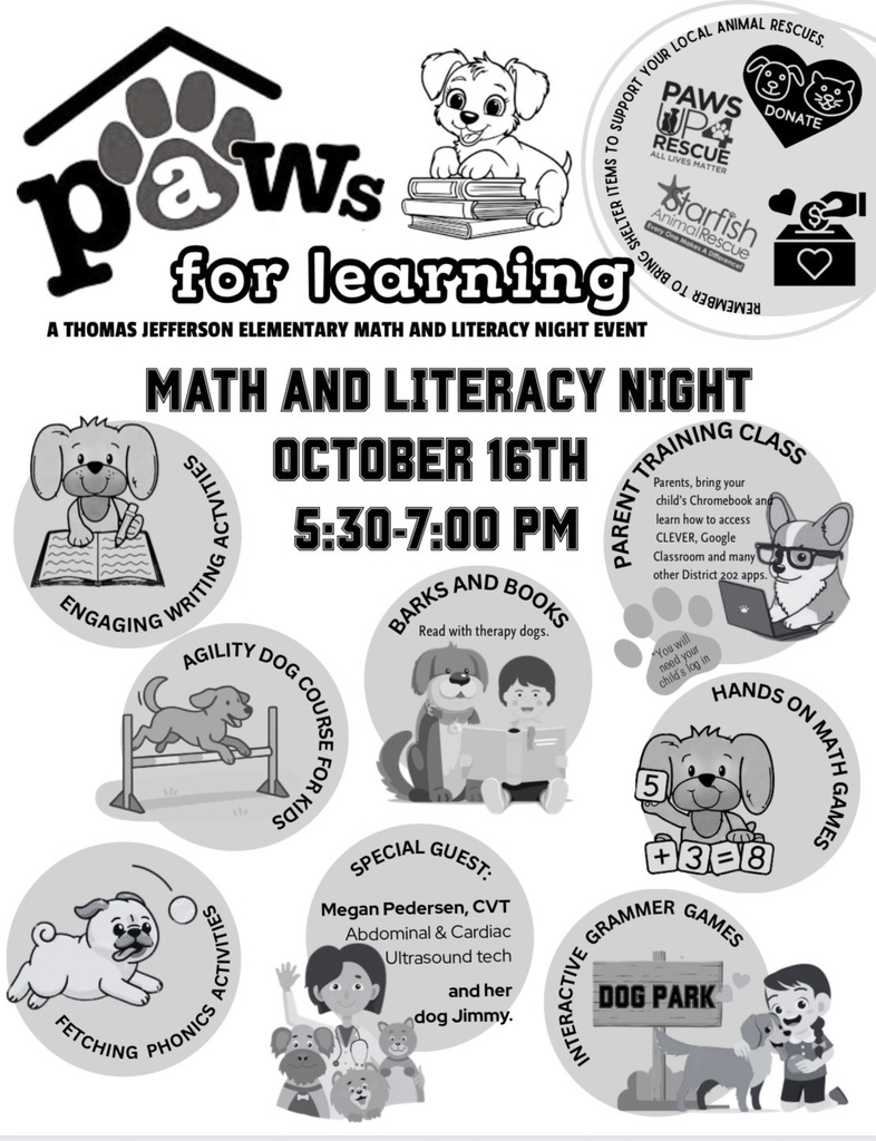 A flyer explaining math and literacy night at Thomas Jefferson Elementary school on October 16 at 5:30 PM.