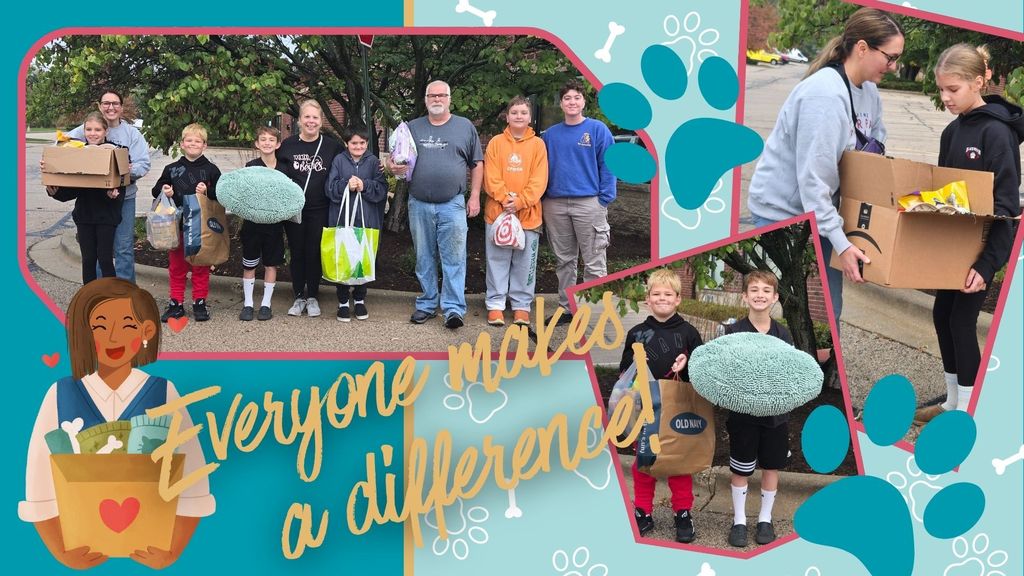 Students and teachers at an animal rescue with pet supplies.
