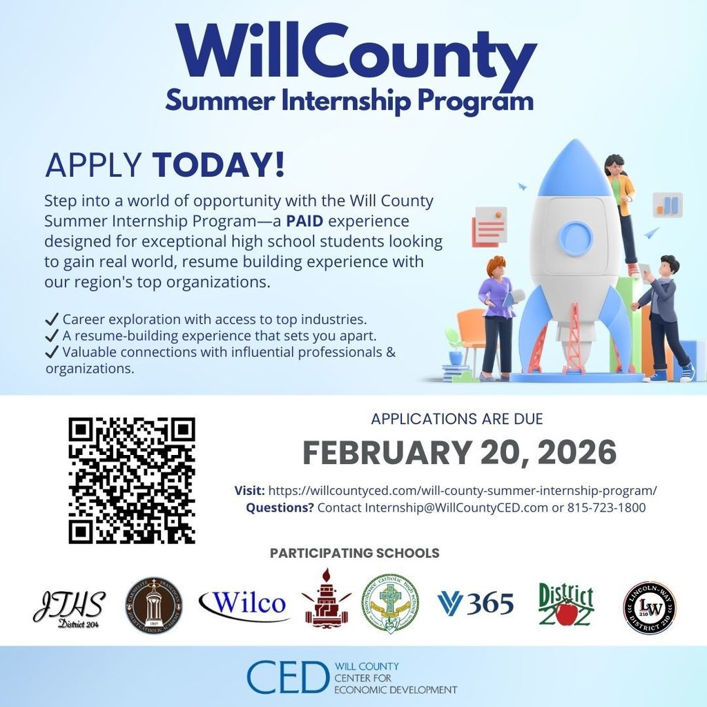 Will County CED Summer Internship flyer applications due February 20, 2026 English version 