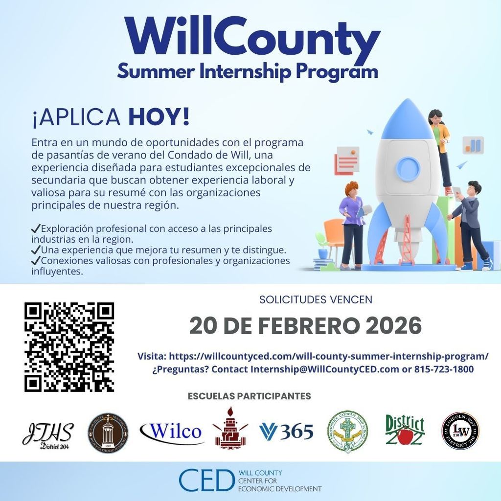 Will County CED Summer Internship flyer applications due February 20, 2026 Spanish version 