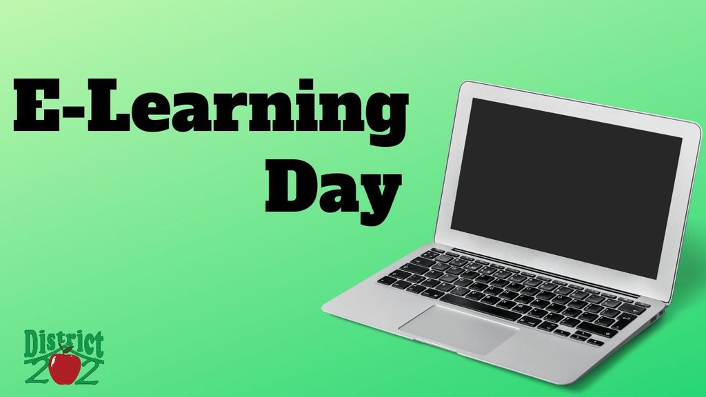 green background with laptop photo and E-Learning Day . District apple logo