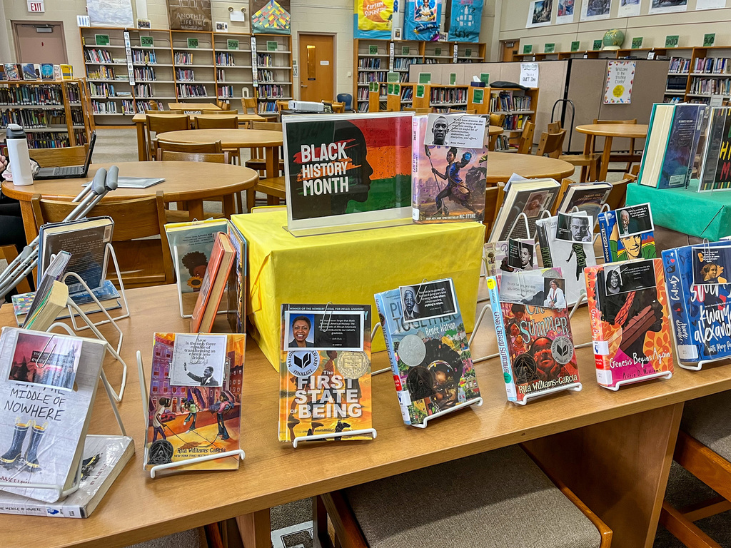 books in display featuring black artists and the like for Black History Month