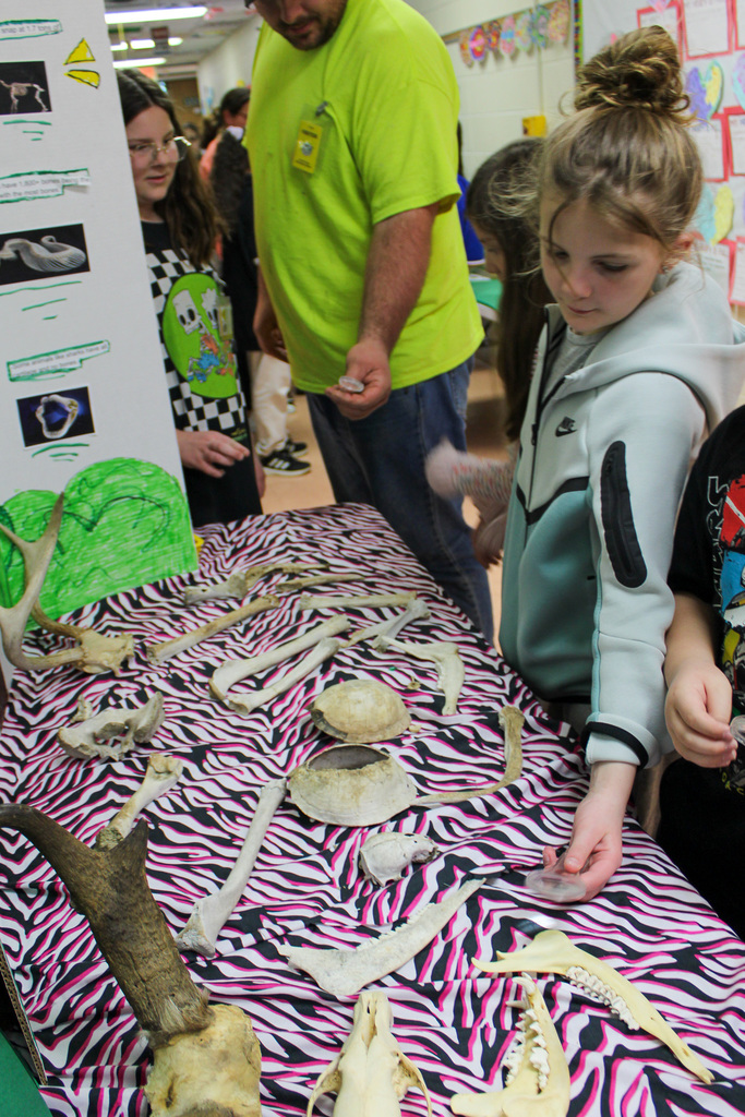 a student uses a magnifying glass to look at bones