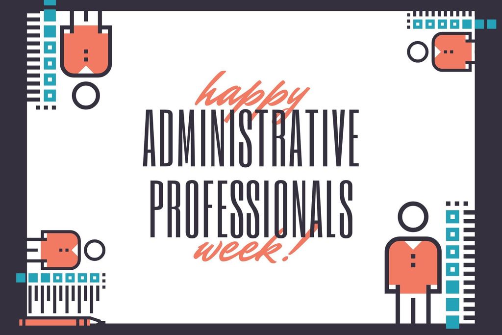 charcoal boarder with cartoon people in corners. Happy Administrative Professionals Week