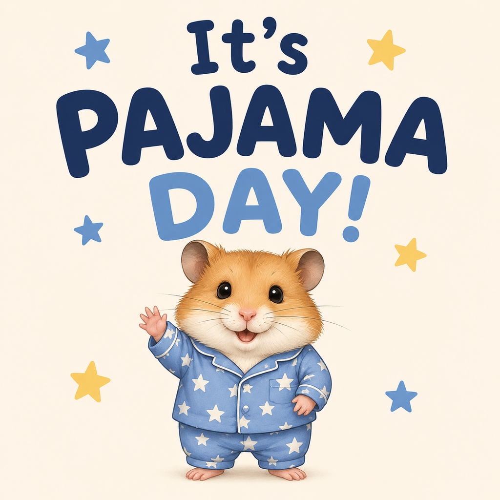 A picture of a hamster, wearing pajamas and waving and the words it’s pajama day. 