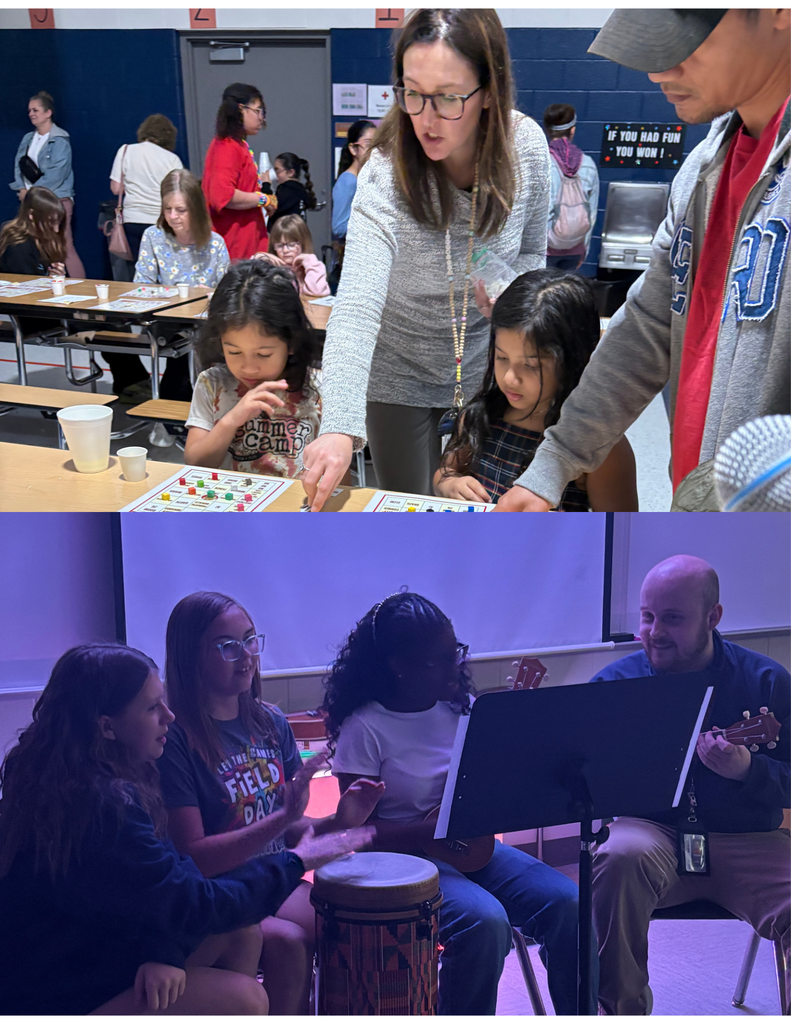 Students playing a drum and a family playing Bingo in a school cafeteria.