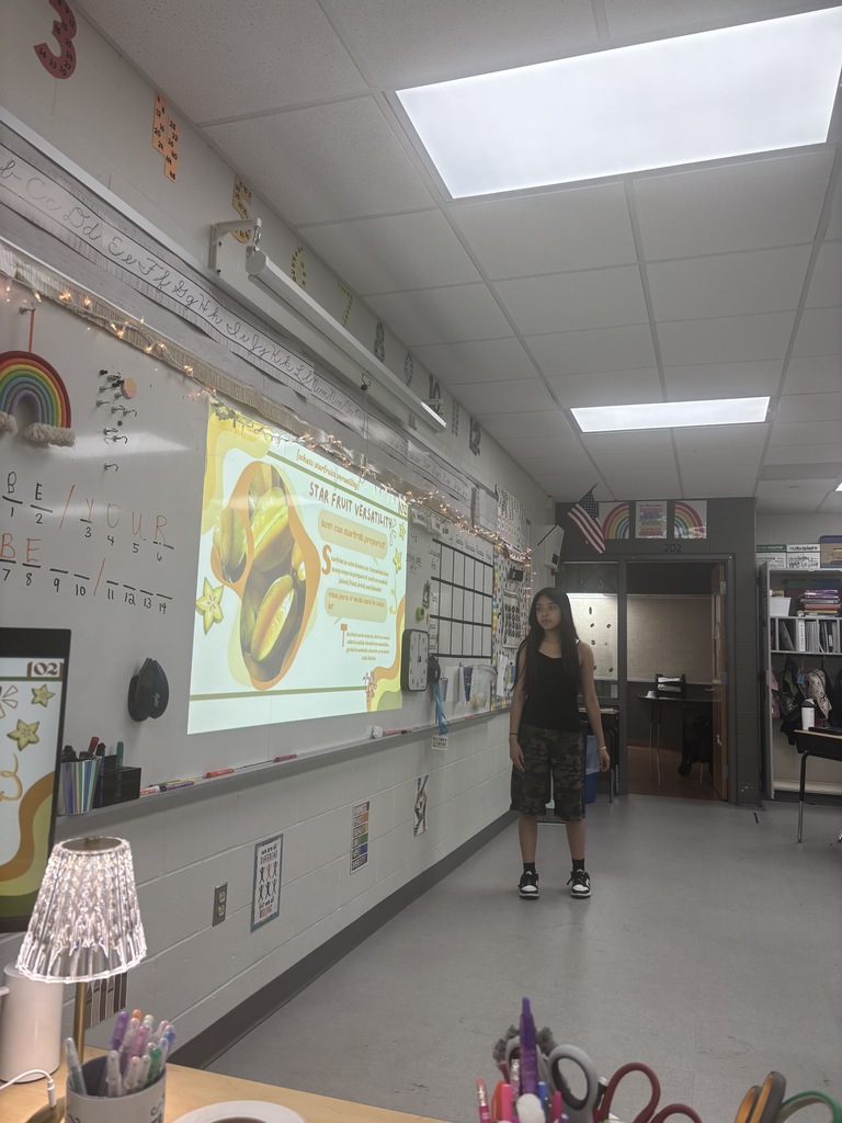 A student standing in front of a presentation in a classroom. 