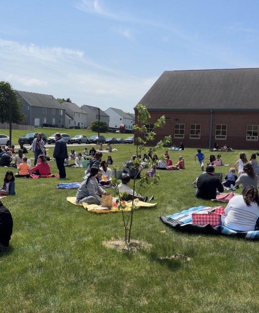 Students sitting outside having a picnic. 