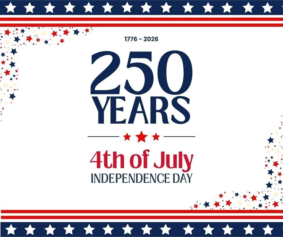 red, white and blue theme 1776-2026 250 years 4th of July Independence Day