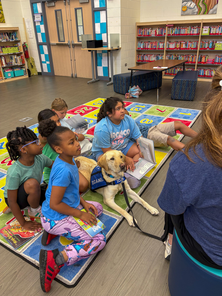 Facility Dog Tater Tot lays on a colorful run in the middle of students listening to story