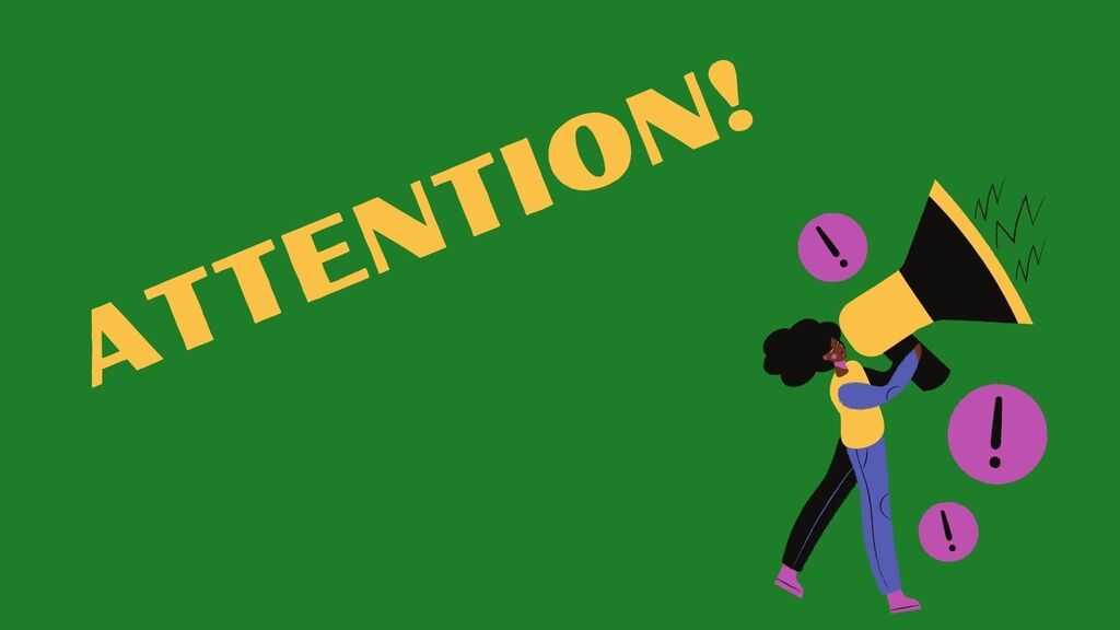 green background Attention! written in yellow. cartoon of woman holding megaphone