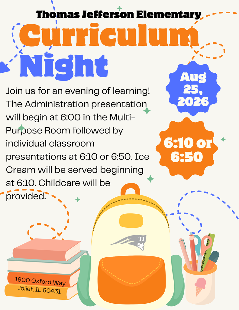 Flyer describing curriculum night at Thomas Jefferson elementary school at 6 PM on Tuesday, August 25.