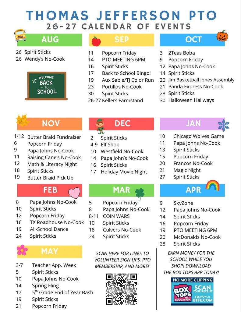A calendar of PTO events for the 2026 2027 school year at Thomas Jefferson elementary school.