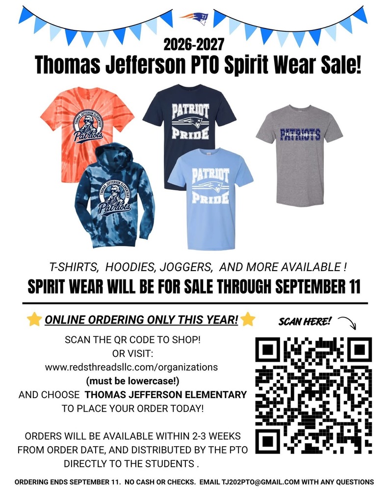 A flyer telling families about PTO spirit wear for Thomas Jefferson elementary school.