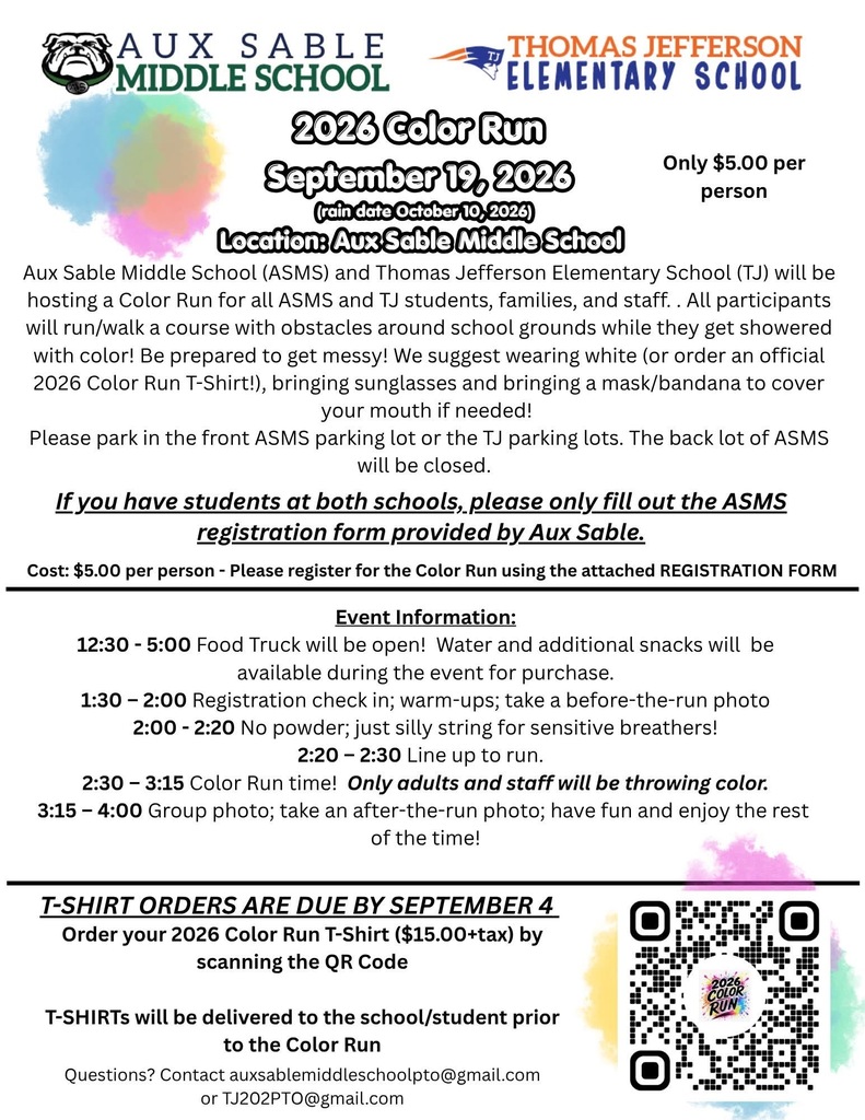 Flyer describing a color run for Thomas Jefferson elementary students.