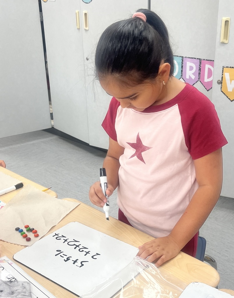 A student sitting in a classroom, counting M&Ms and writing numbers on a whiteboard.