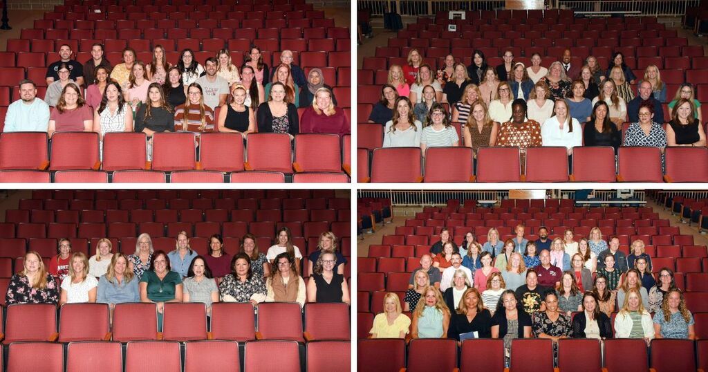 group of four photos each with group of people sitting in an auditorium