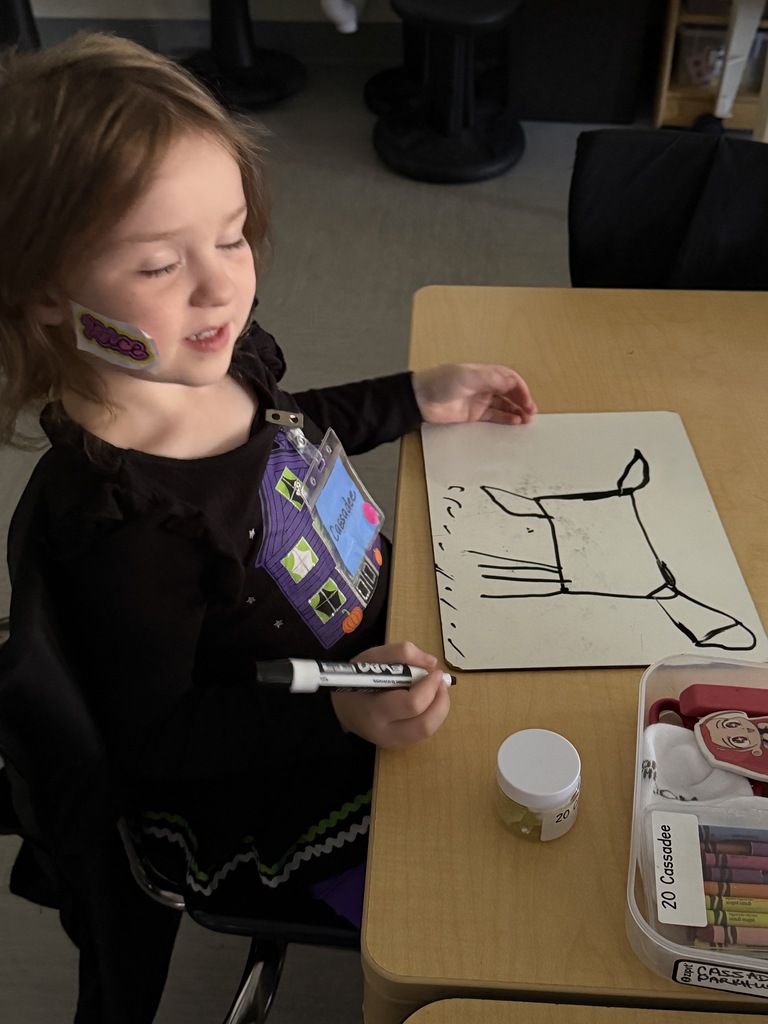 A student shows a goat, drawing on a dry erase board.
