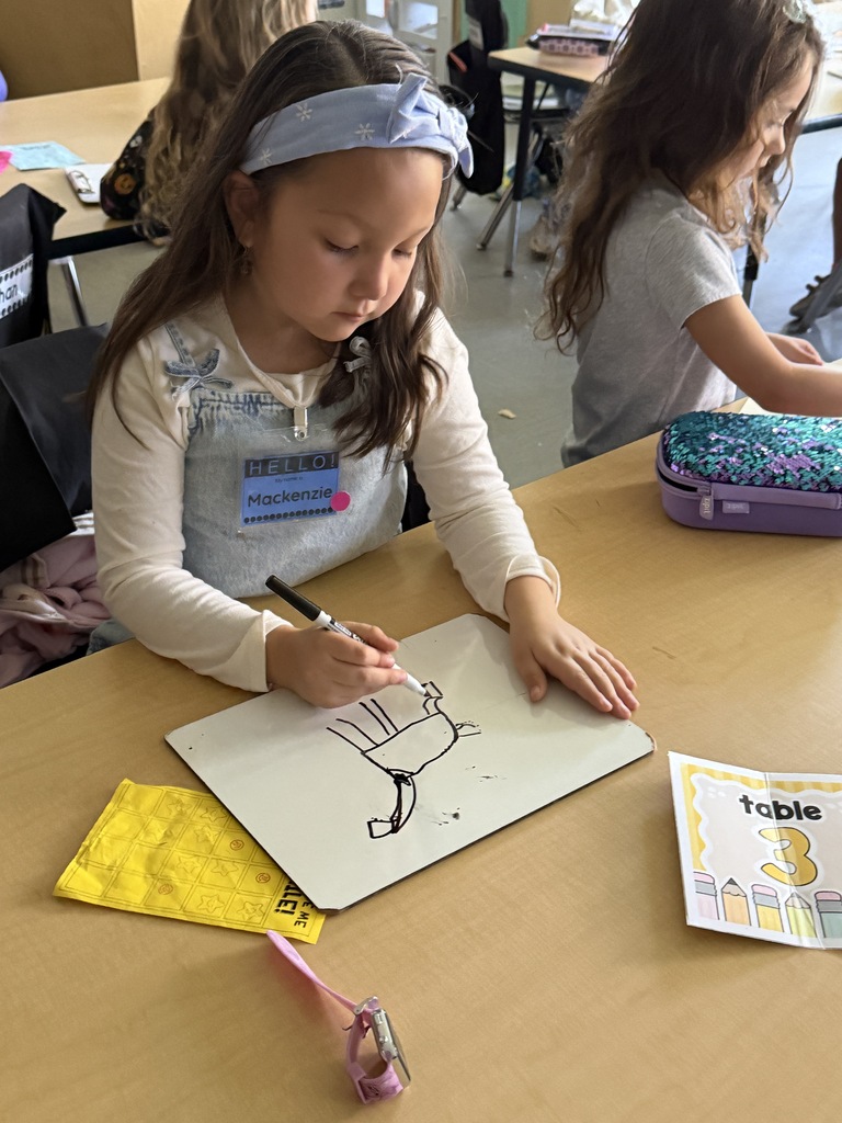 A student shows a goat, drawing on a dry erase board.