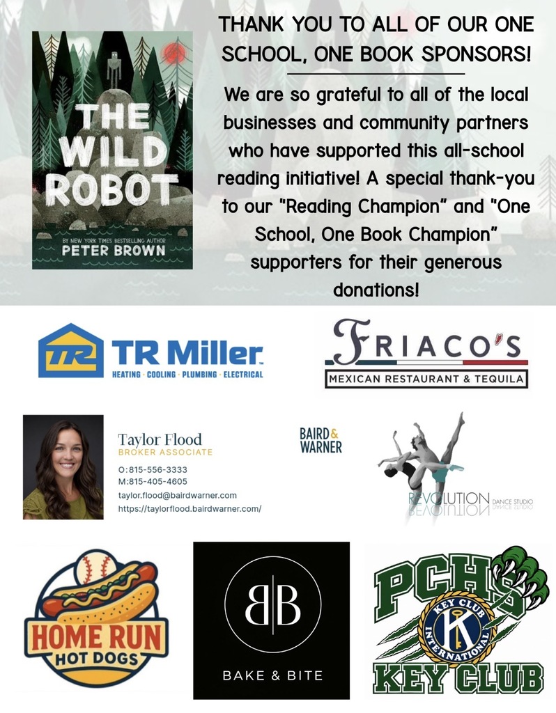 A flyer that thinks businesses for sponsoring a book event “THANK YOU TO ALL OF OUR ONE SCHOOL, ONE BOOK SPONSORS! We are so grateful to all of the local businesses and community partners who have supported this all-school reading initiative! A special thank-you to our "Reading Champion" and "One School, One Book Champion" supporters for their generous donations!“