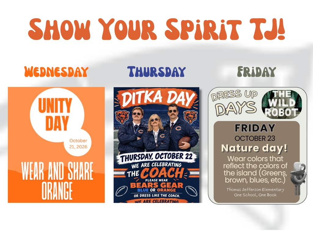 A flyer showing spirit days, Wear Orange on Wednesday, Bears colors on Thursday, and island colors on Friday.