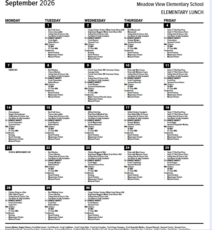 Sept Lunch Menu