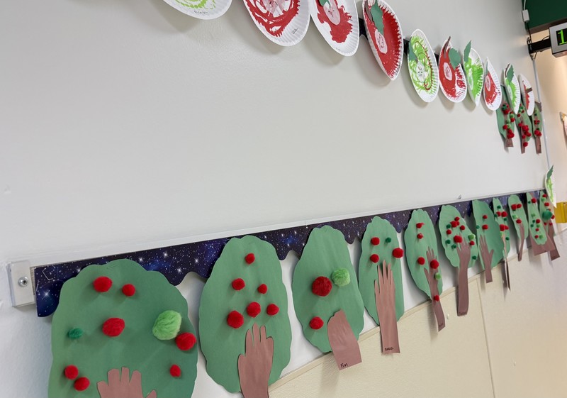 Fall themed artwork on display in BMLC hallway.