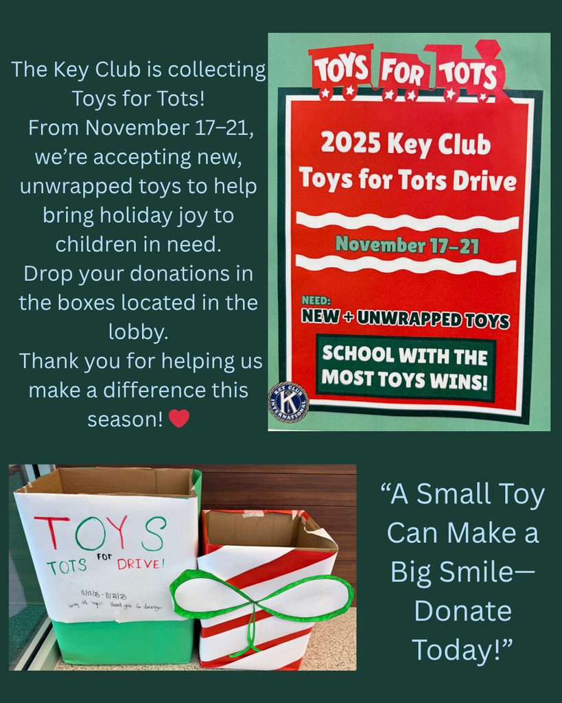 🎁 Our PCMS Key Club is collecting Toys for Tots! From November 17–21, we’re accepting new, unwrapped toys to help bring holiday joy to children in need