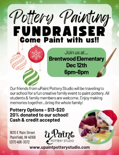 UPaint pottery flyer- December 12th at Brentwood from 6-8pm