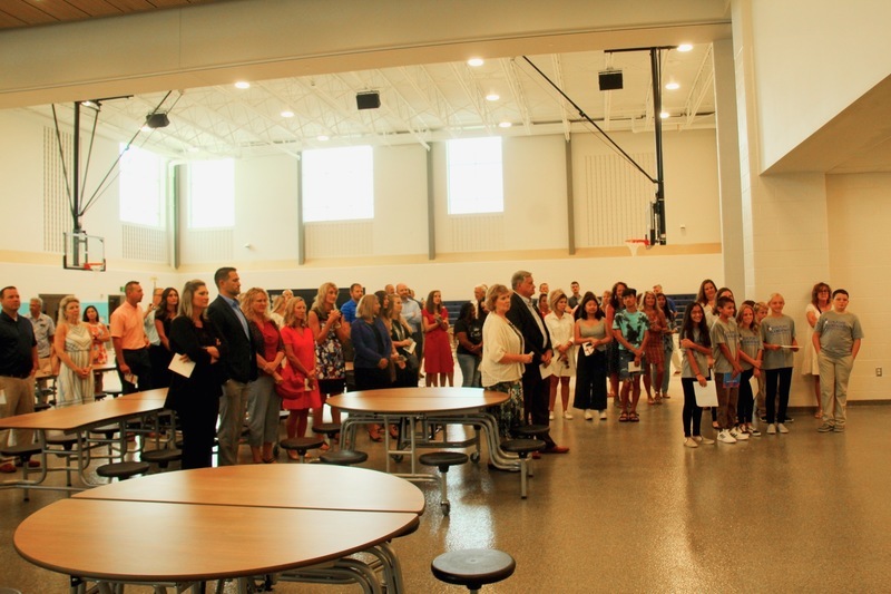 Town and school officials gather to celebrate the ribbon-cutting at Guilford Elementary School. Town and school officials gather to celebrate the ribbon-cutting at Guilford Elementary School.