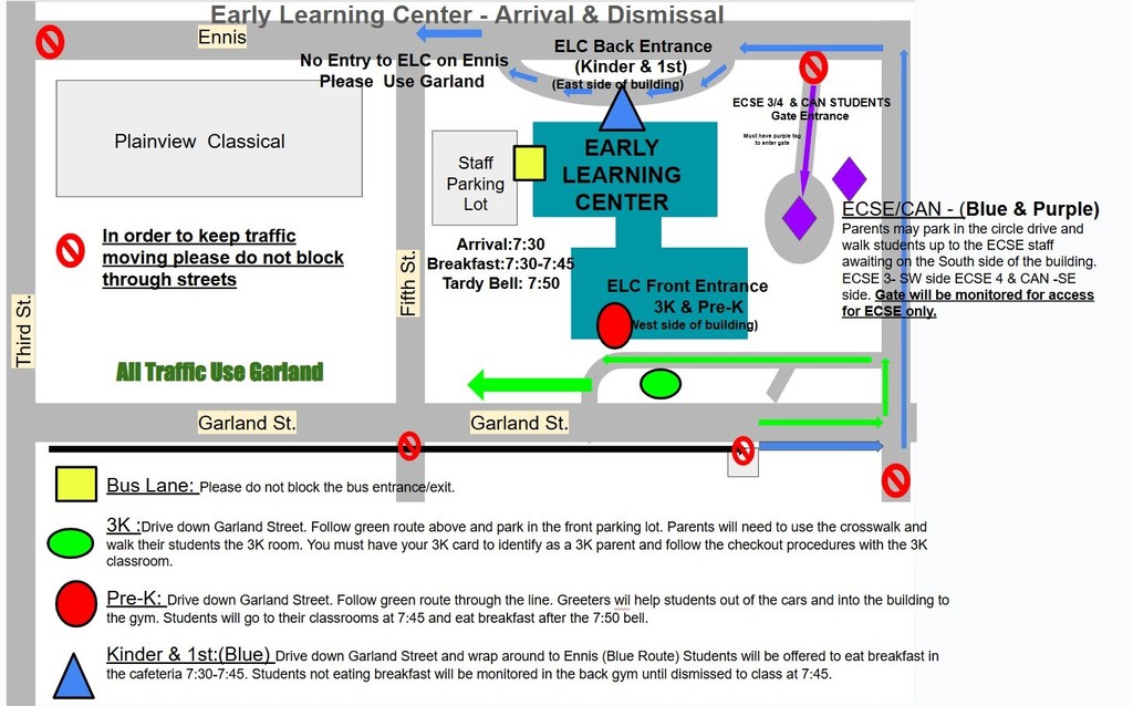 Use the indicated routes for Drop Off and Car Pick up 