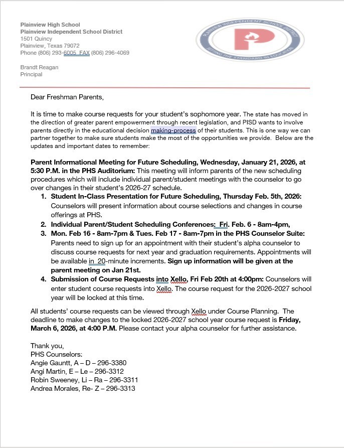 9th grade scheduling letter