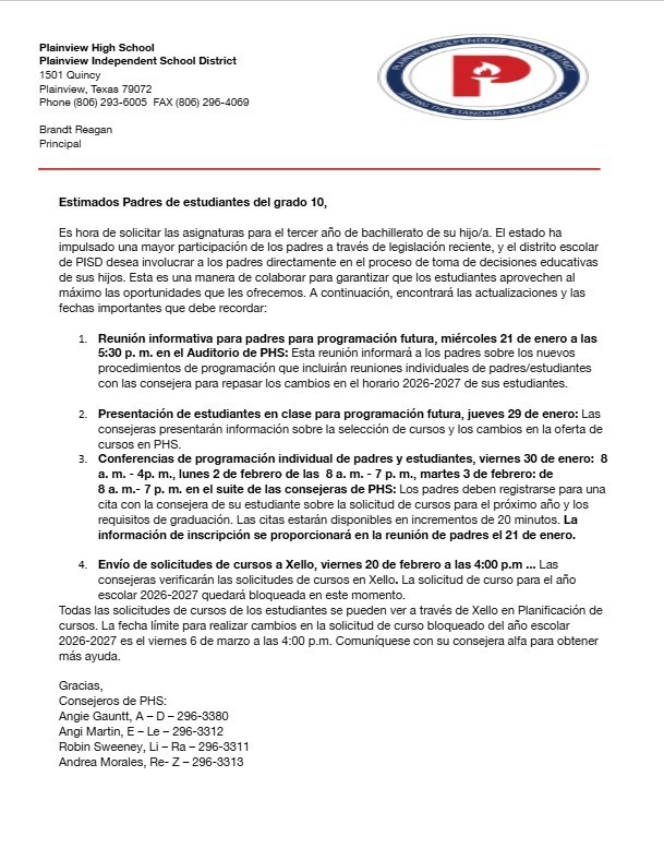 current 10th grade scheduling letter spanish