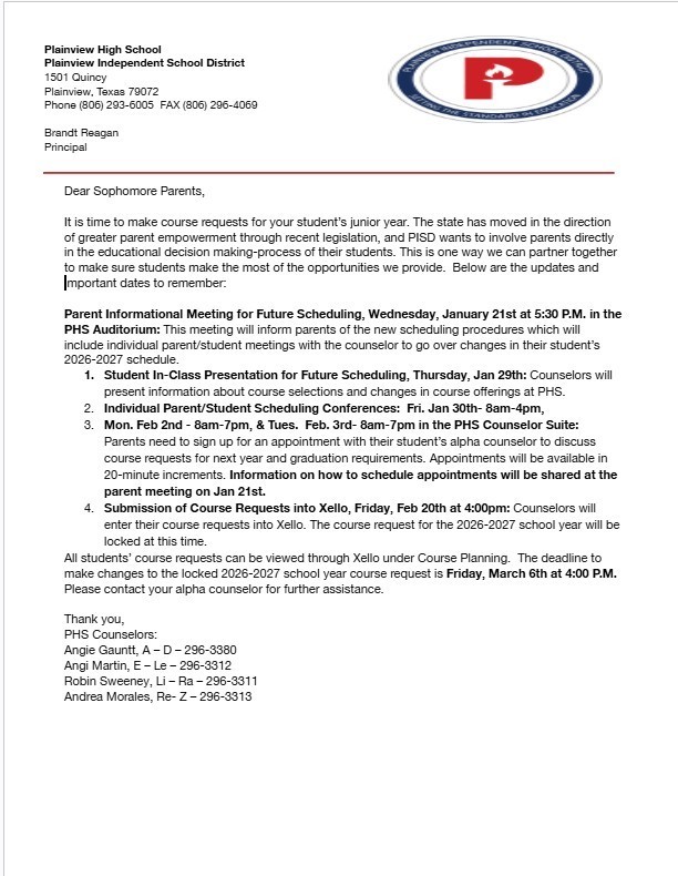 current 10th grade scheduling letter