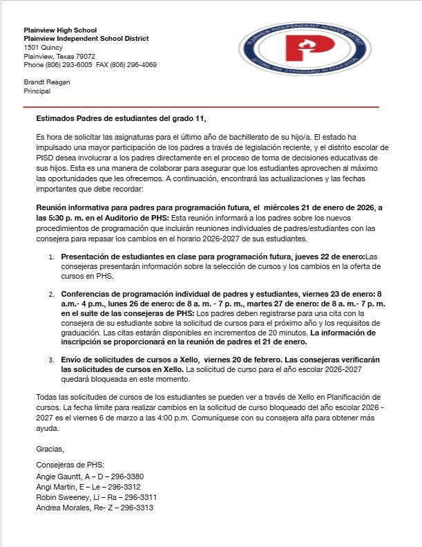 current 11th grade scheduling letter mailed home jan 2026