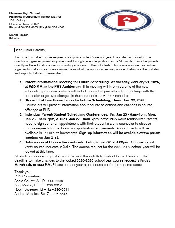 current 11th grade scheduling letter mailed home - english