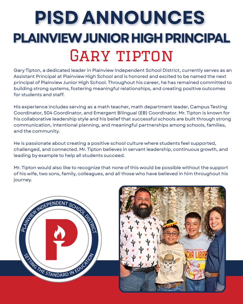 Plainview ISD Announces Gary Tipton as Principal of Plainview Junior High