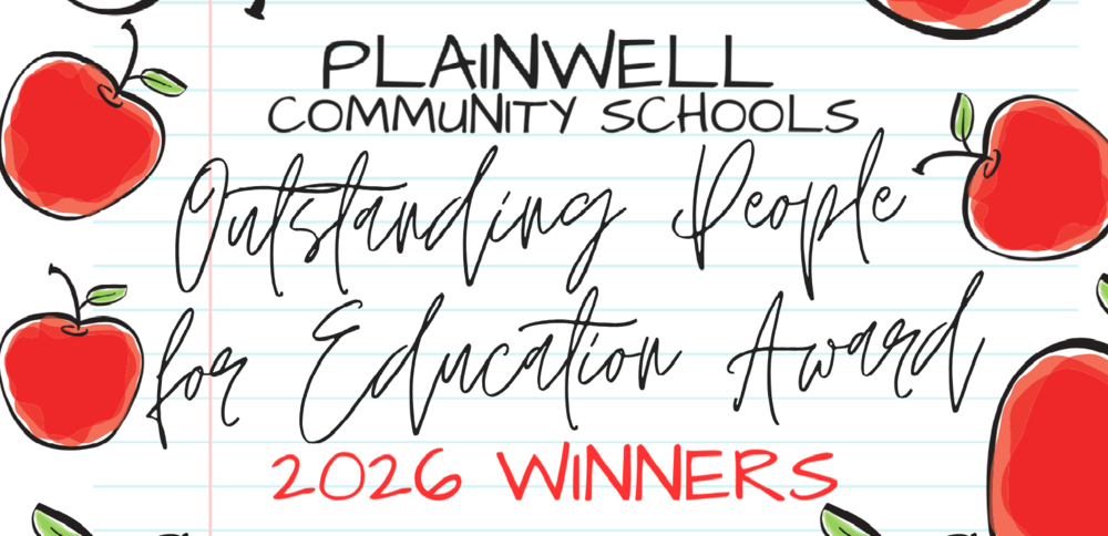 A paper background with apples surrounding the border with Plainwell Community Schools Outstanding People for Education Award 2026 Winners Written