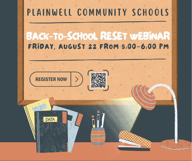 plainwell community schools - back to school reset webinar - Friday, August 22 from 5:00-6:00 pm -register now QR code