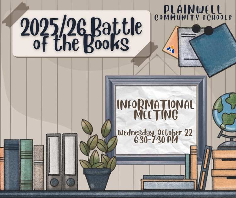 plainwell community schools - 2025/26 battle of the books - informational meeting - October 22 from 6:30-7:30 PM