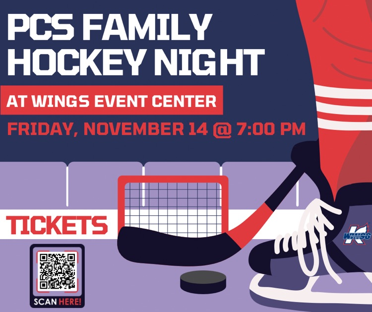 PCS family hockey night at wings event center - Friday, November 14 @ 7:00 pm - tickets scan here for QR code