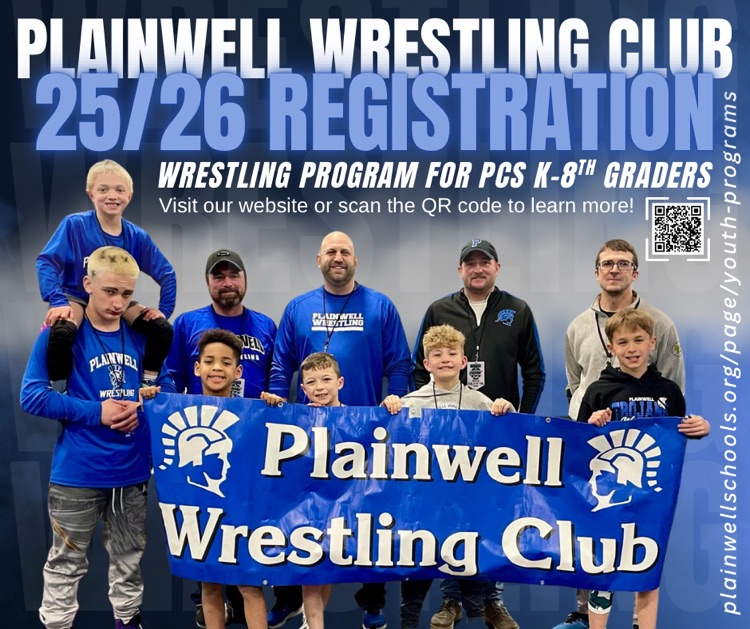 plainwell wrestljng club - 2025/26 registration - wrestling program for pcs k-8th graders - visit our website or scan the QR code to learn more! - plainwellschools.org/page/youth-programs