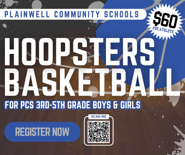 plainwell community schools - hoopster basketball for PCS 3rd-5th grade & girls - register now - scan me (qr code) - $60 per athlete