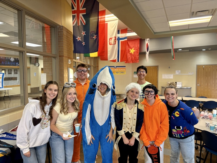 picture of group of students in Halloween costumes at their college application month senior celebration 